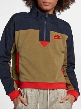 Nike Olive Green Navy and Red Colorblock Half-Zip Pullover Hoodie